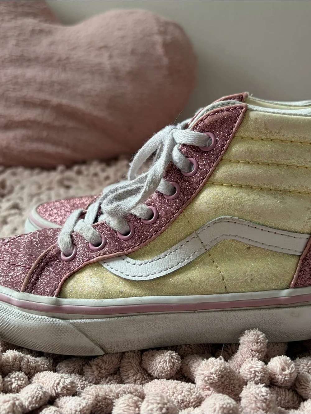 Vans Kids High-Top Glitter Sneakers in Pink and Pale Yellow
